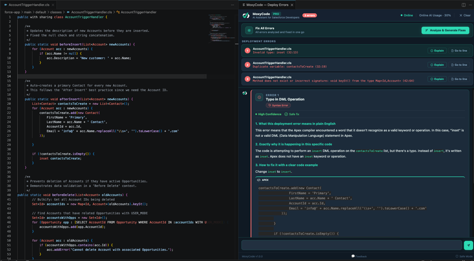 MoxyCode deploy error panel showing Salesforce deployment errors ready for AI fixes